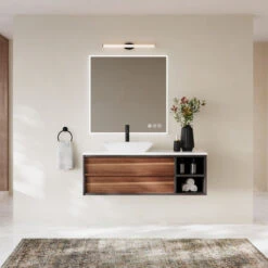 The Rhone Bathroom Vanity, Single Sink, 48", Walnut And Dark Gray, Wallmounted