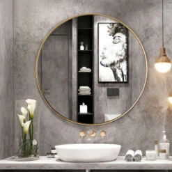 Gymax 27.5 Modern Metal Wall-Mounted Round Mirror For Bathroom Entryway Gold -Warm Bathroom 956143f20fdc6cd2 7648 w800 h800 b0 p0