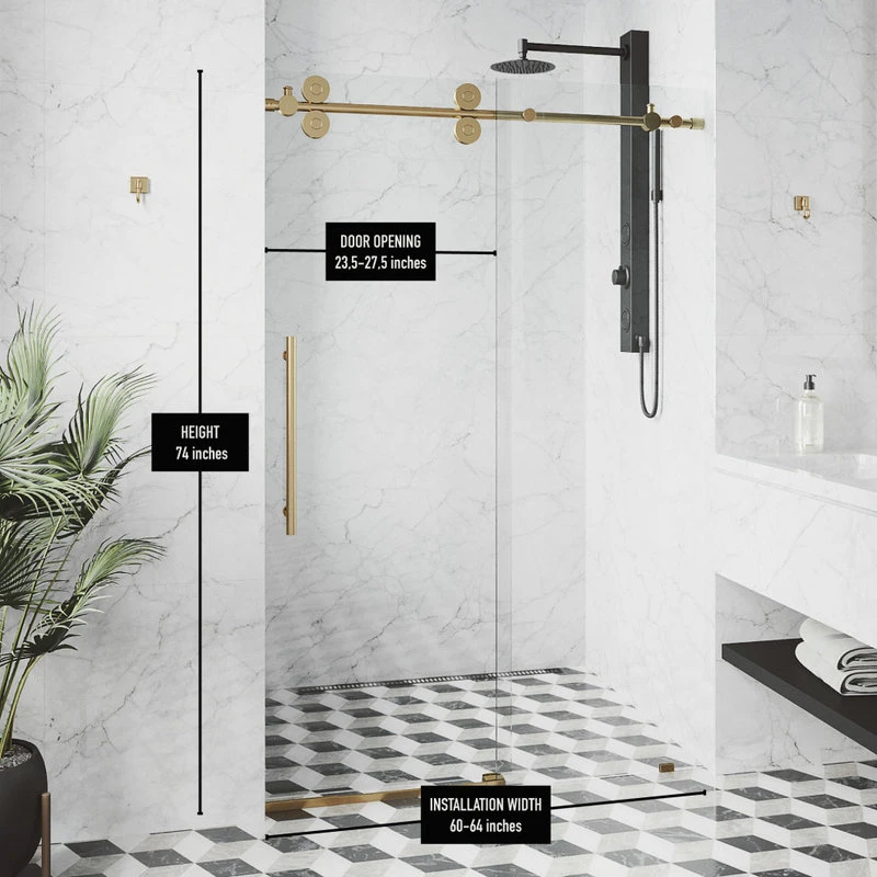 VIGO 64x74 Elan Frameless Sliding Shower Door, Matte Gold 8 VIGO 64x74 Elan Frameless Sliding Shower Door, Matte Gold - Image 8