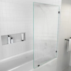 58.25x34" Frameless Shower Door, Single Fixed Panel Fluted Frosted, Matte Black