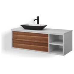 The Rhone Bathroom Vanity, Single Sink, 48", Walnut And White, Wallmounted -Warm Bathroom 991169b703c744de 4005 w800 h800 b1 p0