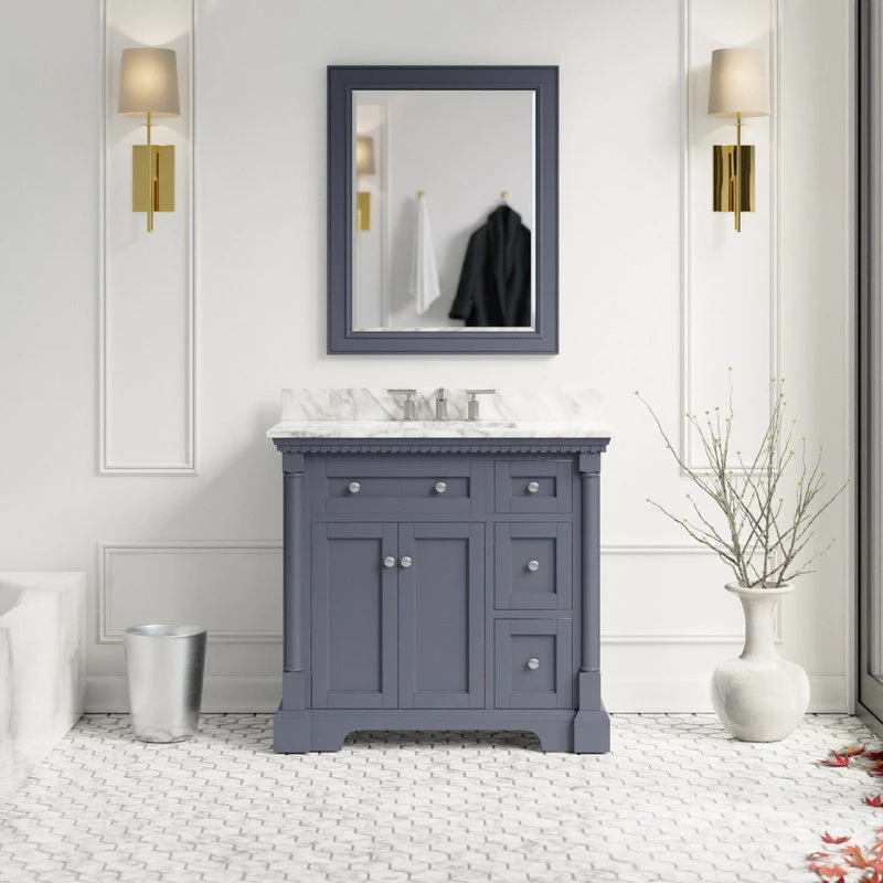 Sydney 36" Bathroom Vanity, Marine Gray, Carrara Marble 2 Sydney 36" Bathroom Vanity, Marine Gray, Carrara Marble - Image 2