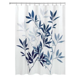 IDesign Leaves Fabric Shower Curtain, 72"x72", Navy And White