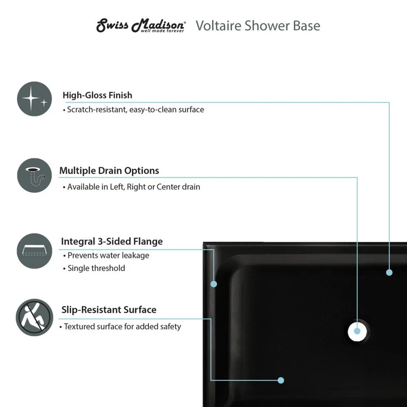 Voltaire 60 X 32 Acrylic Black, Single-Threshold, Center Drain, Shower Base 3 Voltaire 60 X 32 Acrylic Black, Single-Threshold, Center Drain, Shower Base - Image 3