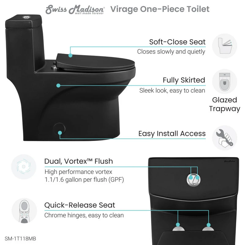 Virage One Piece Elongated Dual Flush Toilet 0.8/1.28 Gpf, Matte Black 7 Virage One Piece Elongated Dual Flush Toilet 0.8/1.28 Gpf, Matte Black - Image 7