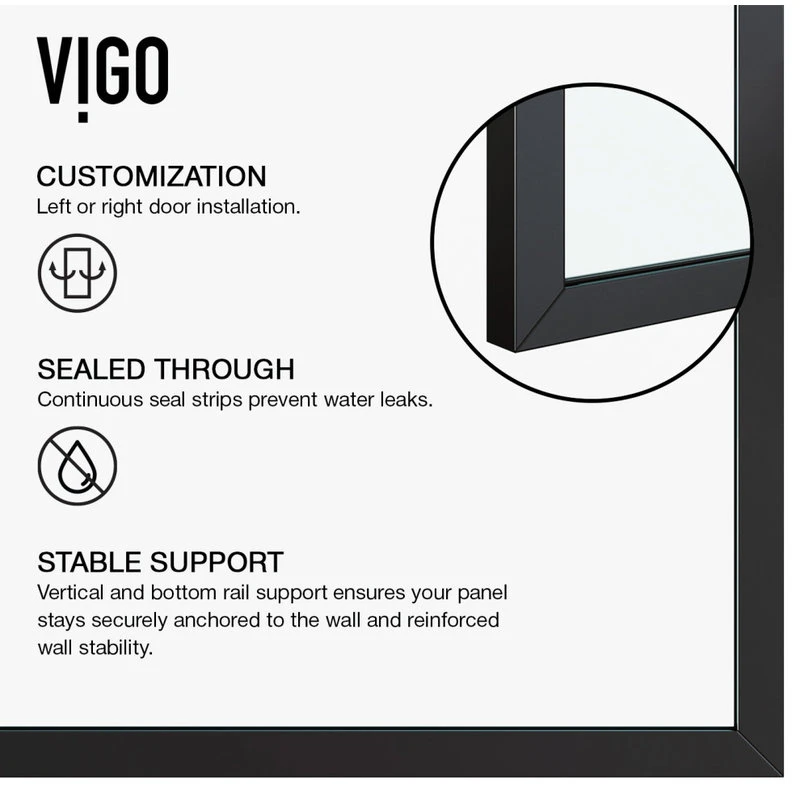 VIGO Frameless Fixed Shower Screen With Clear Glass, Matte Black 6 VIGO Frameless Fixed Shower Screen With Clear Glass, Matte Black - Image 6