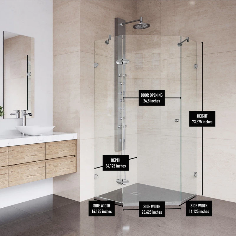 VIGO 34"x34" Frameless Neo-Angle 3/8" Shower, Without Base, Chrome 5 VIGO 34"x34" Frameless Neo-Angle 3/8" Shower, Without Base, Chrome - Image 5