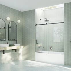 52-56"x60-Frameless Bath Tub Sliding Shower Door Square Hardware, Matte Black