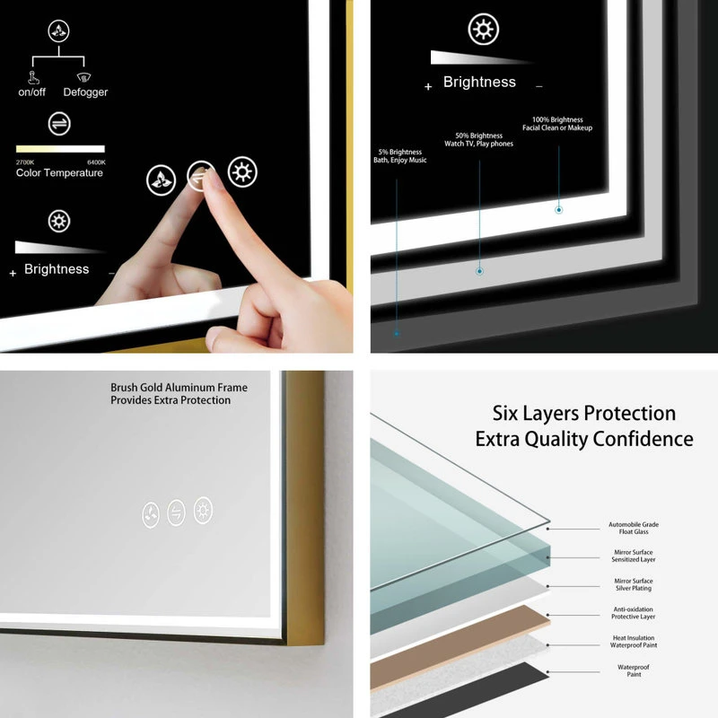 Fogless, Dimmable, Color Temperature Adjustable LED Mirror, Brush Gold, 24x36 7 Fogless, Dimmable, Color Temperature Adjustable LED Mirror, Brush Gold, 24x36 - Image 7