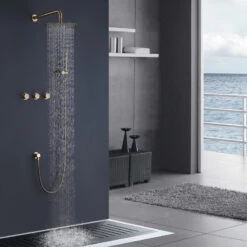 Wall Mounted Rain Shower System With Hand Shower-Includes Rough-In Valve, Brushed Gold 13 Wall Mounted Rain Shower System With Hand Shower-Includes Rough-In Valve, Brushed Gold -Warm Bathroom ca618c8802de41d7 3691 w800 h800 b0 p0