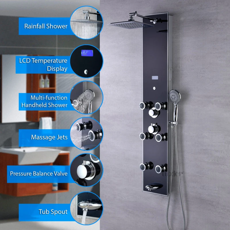 Luxier 51" 6-Jet Shower Panel With Rainfall Shower Head Hand Shower, Black 2 Luxier 51" 6-Jet Shower Panel With Rainfall Shower Head Hand Shower, Black - Image 2