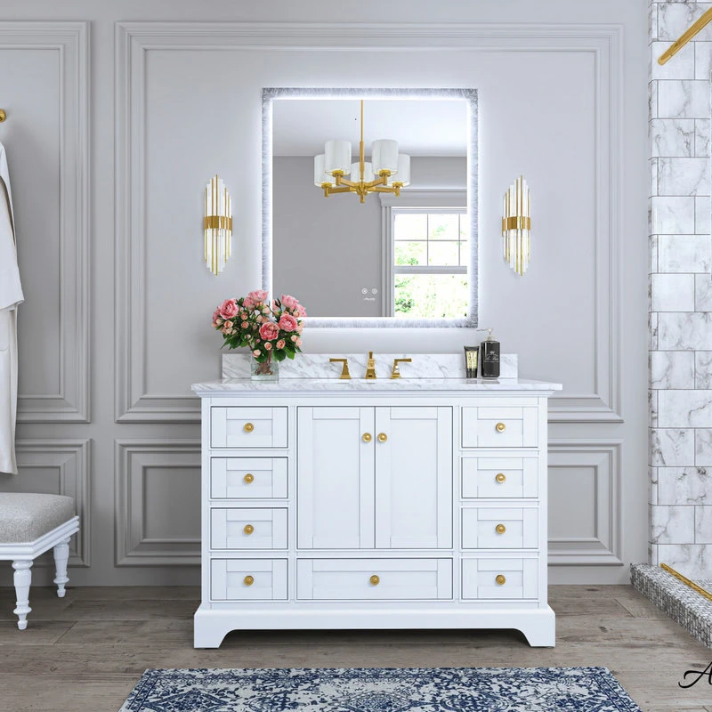 Audrey Vanity Set, White, 48", Gold Hardware, No Mirror 1 Audrey Vanity Set, White, 48", Gold Hardware, No Mirror