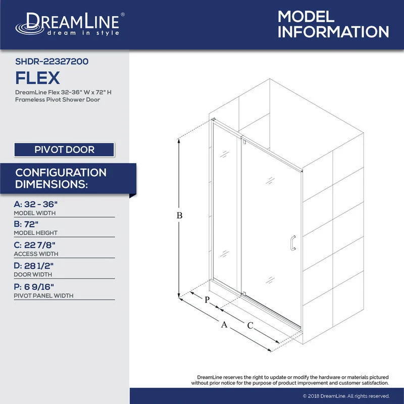 DreamLine Flex 32-36 In. W X 72 In. H Semi-Frameless Pivot Shower Door In Chrome 5 DreamLine Flex 32-36 In. W X 72 In. H Semi-Frameless Pivot Shower Door In Chrome - Image 5