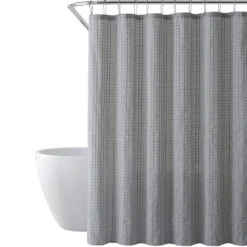 Solid Color Shower Curtain With Stitched Line Design, Grey