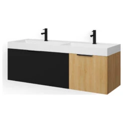 The Nuvo Bathroom Vanity, Double Sink, 55", Black Glass And Maple, Wall Mounted -Warm Bathroom da71170303c744f9 4003 w800 h800 b1 p0