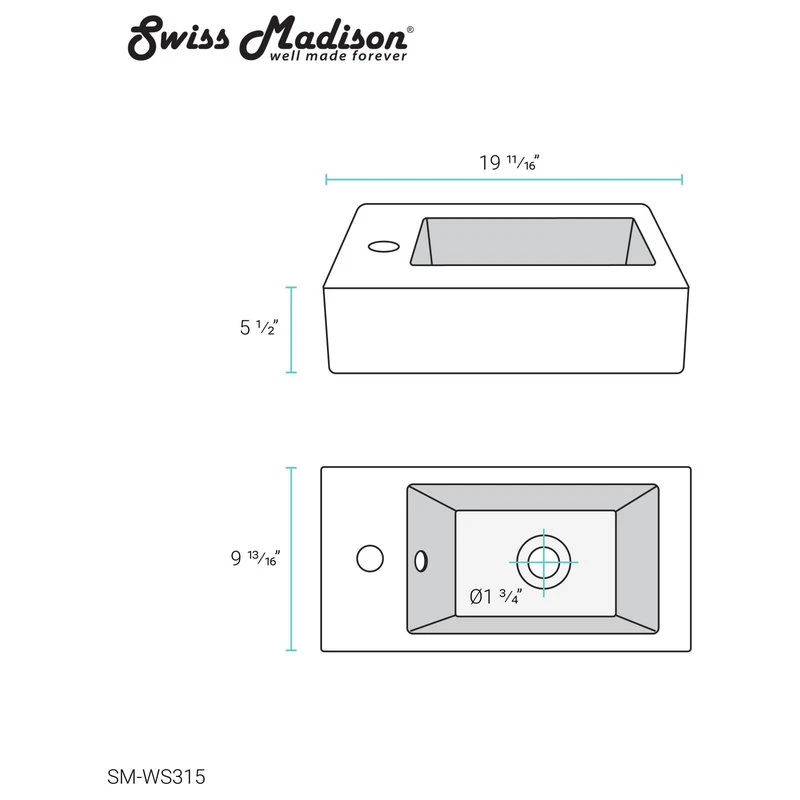 Voltaire 19.5"x10" Ceramic Wall Hung Sink With Faucet Mount, Left Side 11 Voltaire 19.5"x10" Ceramic Wall Hung Sink With Faucet Mount, Left Side - Image 11