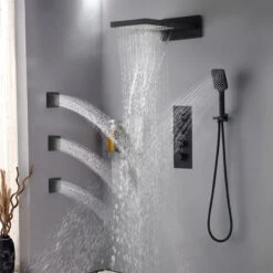 Wall Mounted Waterfall Rain Shower System With 3 Body Sprays In Matte Black, The -Warm Bathroom e801b66f003f6ab4 2927 w800 h800 b0 p0