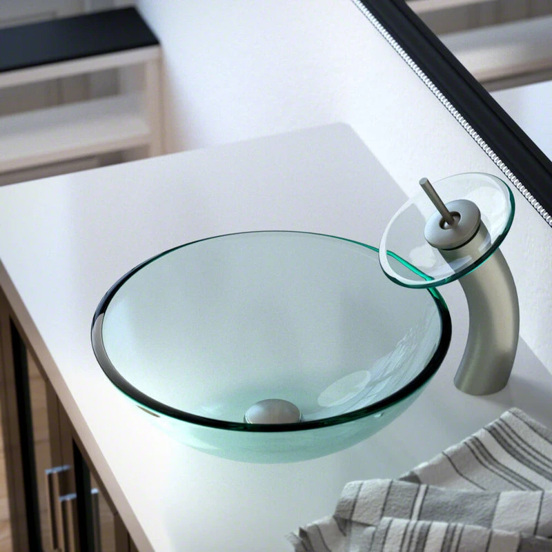 601 Colored Glass Vessel Sink, Crystal, Waterfall Faucet, Brushed Nickel 2 601 Colored Glass Vessel Sink, Crystal, Waterfall Faucet, Brushed Nickel - Image 2