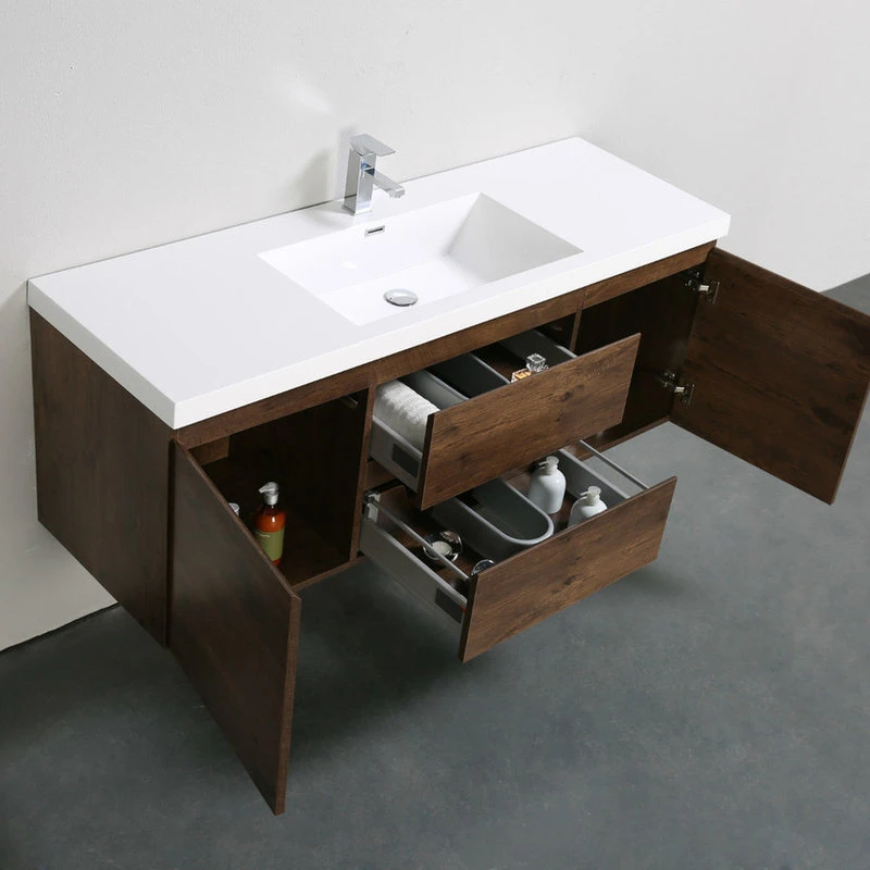 MOB 60" Single Acrylic Sink Wall Mounted Vanity, Rosewood 5 MOB 60" Single Acrylic Sink Wall Mounted Vanity, Rosewood - Image 5