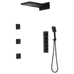 Wall Mounted Waterfall Rain Shower System With 3 Body Sprays In Matte Black, The