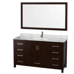 Sheffield 60" Espresso SGL Vanity, Carrara Marble Top, UM Sq Sink, 58" Mrr
