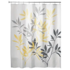 IDesign Leaves Fabric Shower Curtain, 72"x72", Yellow And Gray