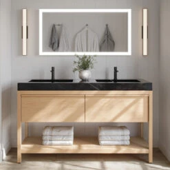 Shoji Bath Vanity, Whitewash Oak, 60", Double Sink, Freestanding