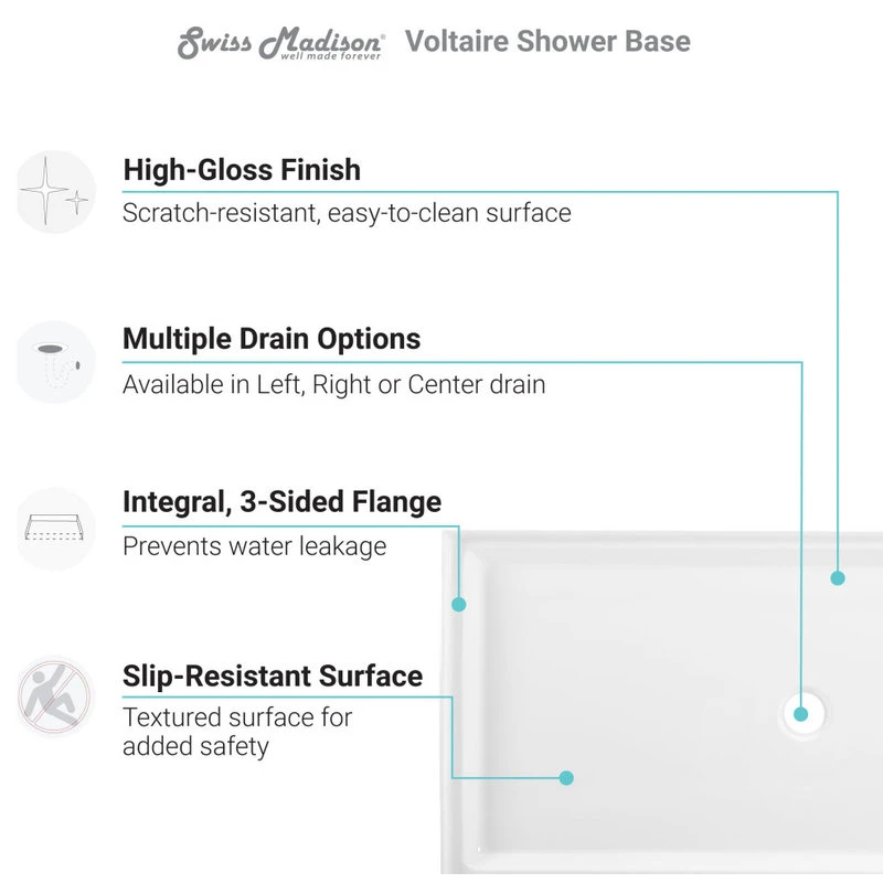 Voltaire 60 X 36 Acrylic White, Single-Threshold, Left-Hand Drain, Shower Base 2 Voltaire 60 X 36 Acrylic White, Single-Threshold, Left-Hand Drain, Shower Base - Image 2