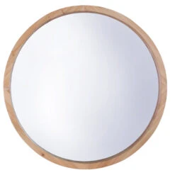 22" Round Wood Wall Mirror, Large, Natural Brown