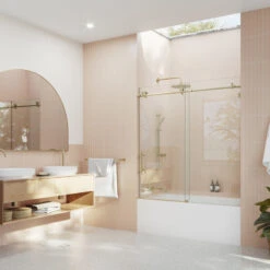 52-56"x60" Frameless Bath Tub Sliding Shower Door, Satin Brass