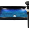 Novatto Fresca Blue And Black Glass Vessel Bath Sink And Drain, Matte Black