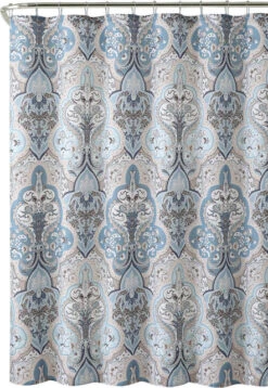 Calais Blue Brown White Damask Dobby Fabric Shower Curtain